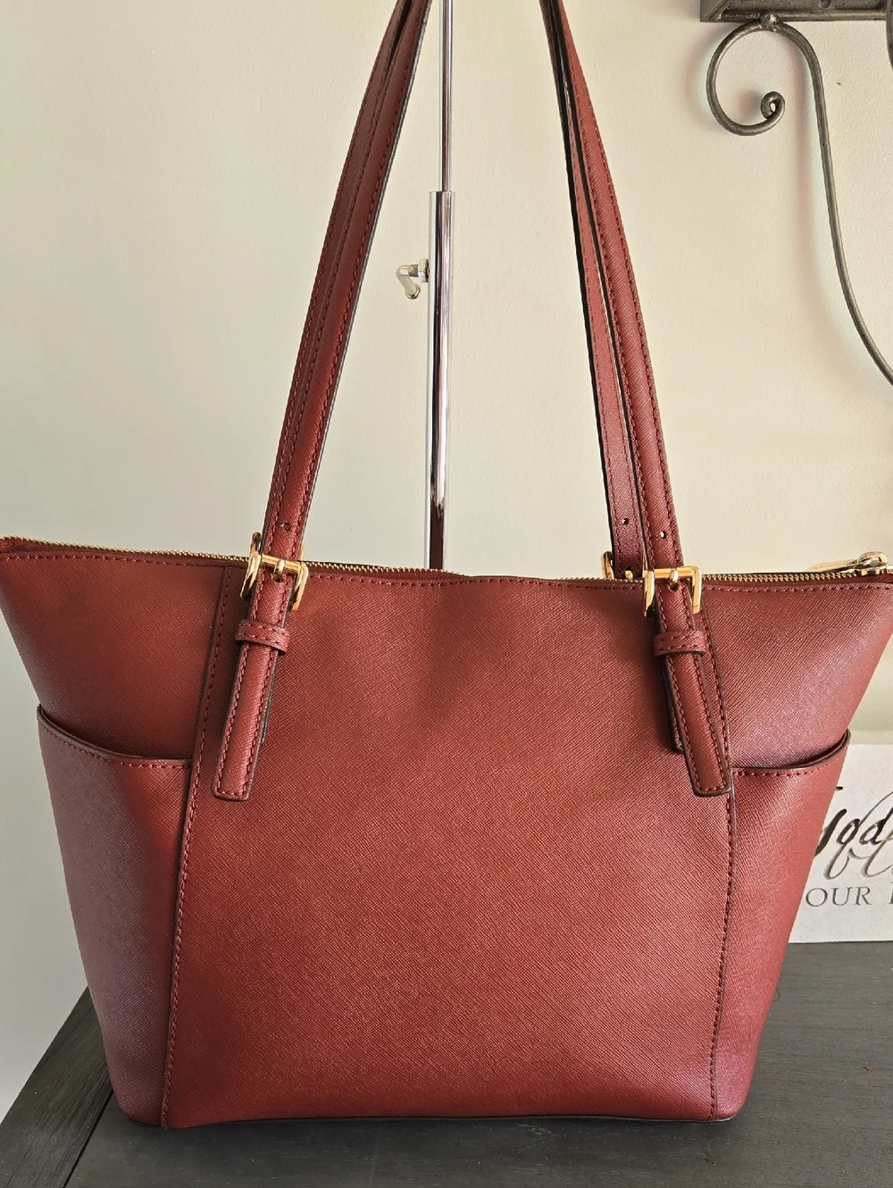 Michael Kors Jet Set  Brick Red Saffiano Leather Tote with Gold MK Charm